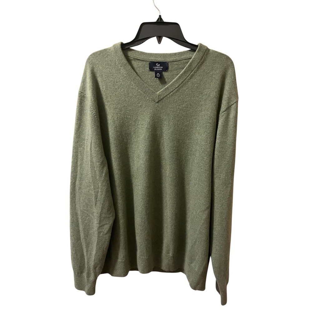 Lands' End Men's Sweater XL Green Cashmere V Neck‎ Classic Preppy